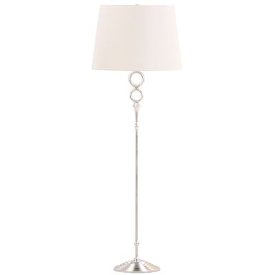 A SILVERED METAL FLOOR LAMP BY BRISTOL HAVING RING DECORATION.