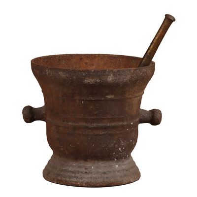 Sale Photo Thumbnail #382: FRENCH NINETEENTH CENTURY CAST IRON MORTAR AND PESTLE.