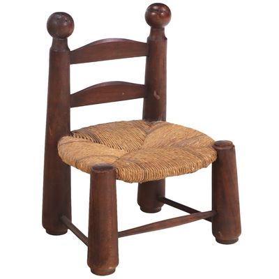 Sale Photo Thumbnail #314: DIMINUTIVE FRENCH BEECH AND RUSH CHAIR WITH BALL FINIALS ATTRIBUTED TO CHARLES DUDOUYT C 1940.
