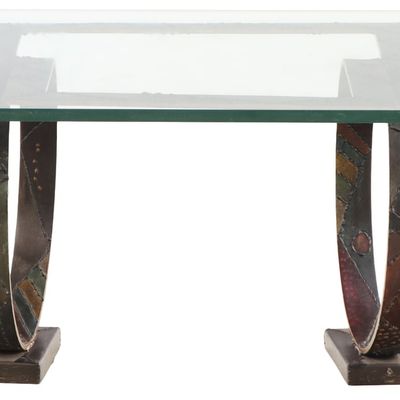 Sale Photo Thumbnail #390: IRON AND GLASS TOP TABLE IN THE MANNER OF PAUL EVANS.