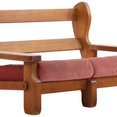 Sale Photo Thumbnail #301: HEAVY BELGIAN OAK BRUTALIST STYLE TWO SEAT SETTEE OR LOVESEAT WITH LOOSE CUSHIONS C 1960.
