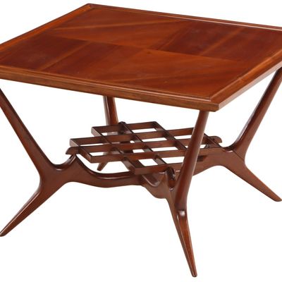 MAHOGANY COFFEE TABLE WITH INTRICATE STRETCHER C 1950