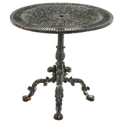 Sale Photo Thumbnail #393: ROUND CAST IRON GARDEN BISTRO TABLE HAVING A RETICULATED TOP AND SCROLLING DOLPHIN FORMS BASE C