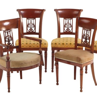 Sale Photo Thumbnail #229: A SET OF SIX NINETEENTH CENTURY CARVED WALNUT DIRECTOIRE STLYE DINING CHAIRS