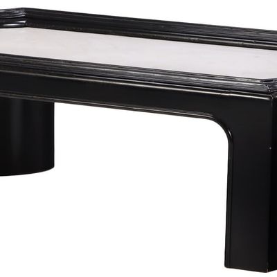 SUBSTANTIAL EBONIZED WOOD COFFEE TABLE HAVING AN INSET WHITE MARBLE TOP C 1960.