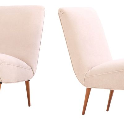 PAIR UPHOLSTERED LOUNGE CHAIRS C 1950 WITH NEW FABRIC.