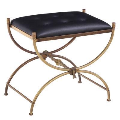 BRASS CURULE FORM BENCH C 1960 UPHOLSTERED IN BLACK LEATHER.