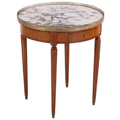 Sale Photo Thumbnail #212: A LOUIS XVI STYLE MARBLE TOP BOUILLOTTE TABLE HAVING PULL OUT SLIDES AND A SINGLE DRAWER C 1930.