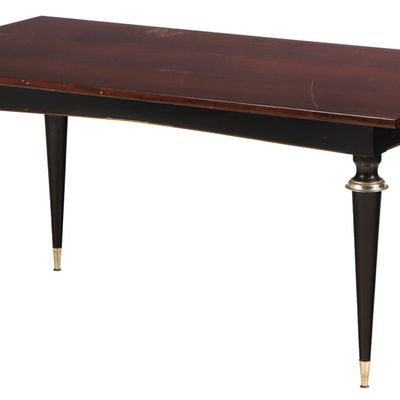 FRENCH MAHOGANY DINING TABLE WITH EBONIZED LEGS C 1950.