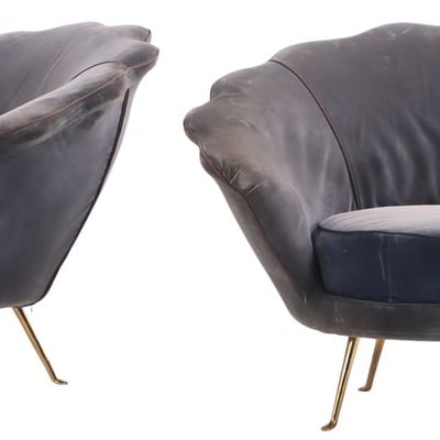 Sale Photo Thumbnail #145: PAIR OF ITALIAN UPHOLSTERED LOUNGE CHAIRS HAVING BRASS LEGS C 1950.
