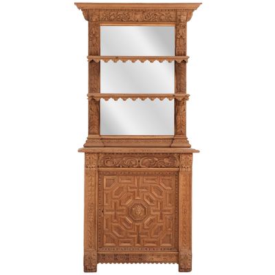 Sale Photo Thumbnail #344: A SMALL TWO PIECE BELGIAN OAK BACKBAR HAVING A MIRRORED TOP RESTING ON A BASE HAVING A CASH