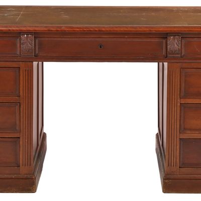 Sale Photo Thumbnail #256: THREE PART MAHOGANY NINETEENTH CENTURY DOUBLE PEDESTAL PARTNERS DESK HAVING AN EMBOSSED LEATHER