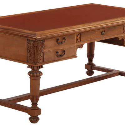 Sale Photo Thumbnail #193: LARGE FRENCH MAHOGANY ACANTHUS CARVED LEATHER TOP DESK C 1890.