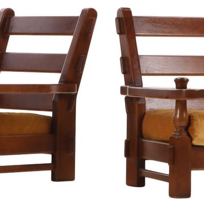 Sale Photo Thumbnail #317: FRENCH OAK BRUTALIST STYLE ARM CHAIRS WITH LOOSE CUSHION UPHOLSTERY C 1960.