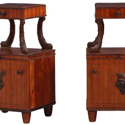 Sale Photo Thumbnail #187: PAIR OF CARVED MAHOGANY NIGHT STANDS HAVING PULL OUT TRAYS AND PORCELAIN LINED CABINETS C 1900.
