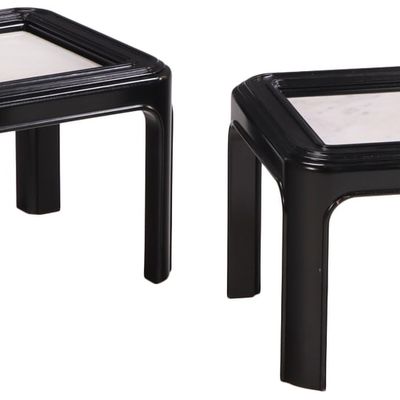 EBONIZED WOOD PAIR OF END TABLES HAVING AN INSET WHITE MARBLE TOP C 1960.