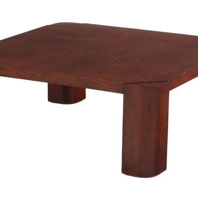 Sale Photo Thumbnail #101: MAHOGANY AND BRASS INLAID COFFEE TABLE C 1960 HAVING ROUNDED LEGS.