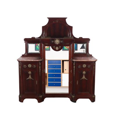 Sale Photo Thumbnail #266: RARE MAHOGANY BRONZE MOUNTED COMBINATION VITRINE/SIDEBOARD 1900. CENTRAL GLASS DOOR FLANKED