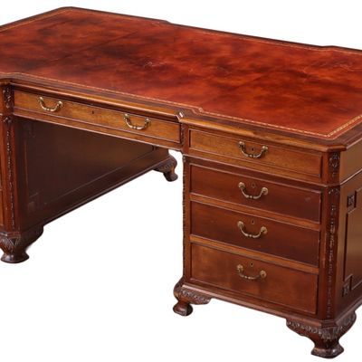 Sale Photo Thumbnail #248: THREE PART MAHOGANY AND EMBOSSED LEATHER EXECUTIVE SIZE DESK. DRAWERS ARE LOCKED.