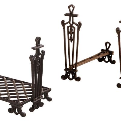 Sale Photo Thumbnail #356: WROUGHT IRON AND ZINC MOUNTED ANDIRONS AND MATCHING LOG HOLDER C 1910.