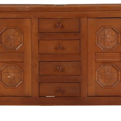 Sale Photo Thumbnail #310: FRENCH OAK BRUTALIST STYLE SIDEBOARD HAVING FOUR DOORS FLANKING A BANK OF DRAWERS C 1940.