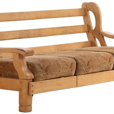 Sale Photo Thumbnail #318: HEAVY FRENCH OAK BRUTALIST STYLE SOFA WITH LOOSE CUSHION UPHOLSTERY C 1960.