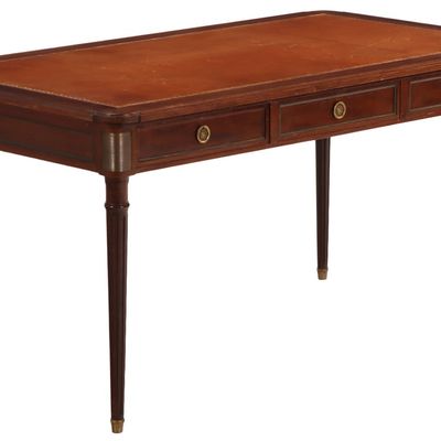 59" FRENCH MAHOGANY BRONZE MOUNTED WRITING DESK IN THE LOUIS XVI STYLE HAVING AN EMBOSSED LEATHER