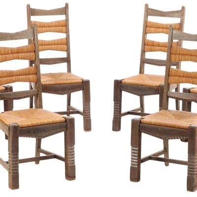 Sale Photo Thumbnail #283: SIX FRENCH OAK AND RUSH DINING CHAIRS ATTRIBUTED TO VICTOR COURTRAY C 1940.