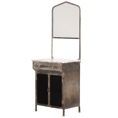 Sale Photo Thumbnail #349: POLISHED IRON MARBLE TOP CABINET WITH INTEGRAL MIRROR C 1920. GREAT FOR THE BATHROOM.