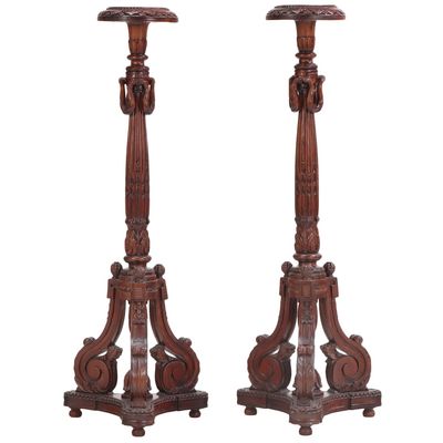 Sale Photo Thumbnail #262: A PAIR OF REGENCY STYLE CARVED SOLID MAHOGANY TORCHIERES HAVING SWAG DECORATIONS