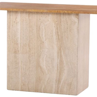 A FRENCH TABLE HAVING A TRAVERTINE BASE SUPPORTING A MARBLE TOP C 1970.