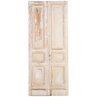 Sale Photo Thumbnail #370: PAIR OF PAINTED FRENCH DOORS HAVING OLD PAINT WITH RAISED PANEL  DESIGN C 1890.