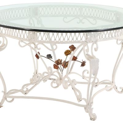 Sale Photo Thumbnail #375: 55" GLASS TOP PATIO TABLE HAVING PAINTED IRON BASE WITH A REPEATING DESIGN ON THE SKIRT AND A