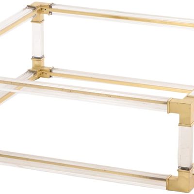 LARGE BRASS AND GLASS LUCITE COFFEE TABLE C 1970. LACKING GLASS.