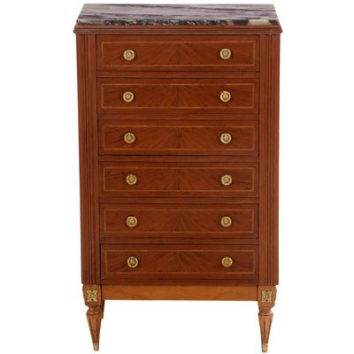 Sale Photo Thumbnail #219: SIX DRAWER MARBLE TOP CHEST HAVING BRASS HARDWARE IN THE LOUIS XVI STYLE C 1940.