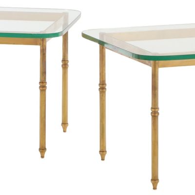 PAIR ITALIAN BRASS END TABLES HAVING THICK GLASS TOPS C 1965.