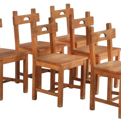 Sale Photo Thumbnail #302: SIX BELGIAN OAK BRUTALIST STYLE DINING CHAIRS WITH WOOD SEATS C 1950.