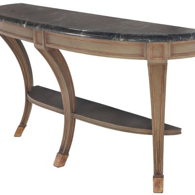 PAINTED AND GILTWOOD MARBLE TOP CONSOLE TABLE IN THE MANNER OF JANSEN HAVING THREE LEGS C 1940.