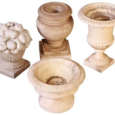 Sale Photo Thumbnail #391: TWO MARBLE URNS, A CAST IRON URN ALL C 1900 AND A MODERN CAST STONE COMPOTE.