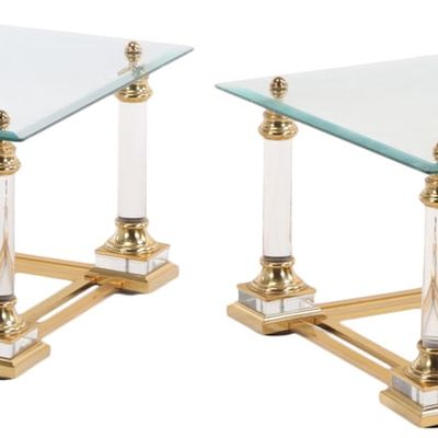 PAIR OF BRASS END TABLES HAVING LUCITE LEGS SUPPORTING GLASS TOPS C 1975.