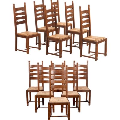 Sale Photo Thumbnail #282: A RARE SET OF TWELVE FRENCH TALL BACK OAK AND RUSH BRUTALIST STYLE DINING CHAIRS C 1950.