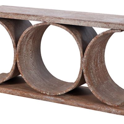 CERUSED OAK CONSOLE TABLE WITH CIRCULAR MOTIF IN THE MANNER OF KARL SPRINGER.