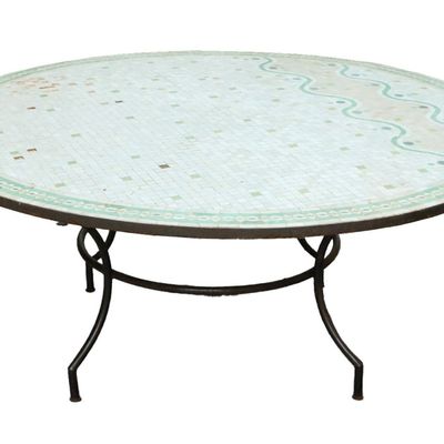 Sale Photo Thumbnail #338: A LARGE MOSAIC TILE TOP TABLE RAISED ON IRON BASE.