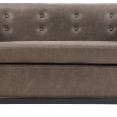 Sale Photo Thumbnail #164: A TAILORED EVEN ARM LEATHER SOFA HAVING BUTTON BACK UPHOLSTERY AND TWO BOLSTER CUSHIONS.