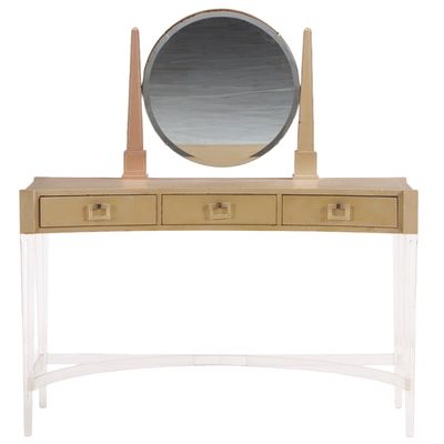 LUCITE AND LEATHER COVERED VANITY WITH MIRROR C 1945 ATTRIBUTED TO GROSFELD HOUSE.