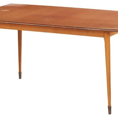 FRENCH BLEACHED PARQUET MAHOGANY DINING TABLE RESTING ON ROUND LEGS C 1960.