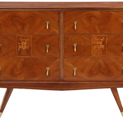Sale Photo Thumbnail #143: SIX DRAWER DRESSER HAVING FLORAL INLAY AND BRASS DRAWER PULLS C 1960.