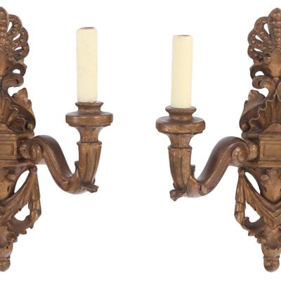 Sale Photo Thumbnail #342: A PAIR OF ITALIAN ROCOCO STYLE CARVED GILTWOOD TWO-ARM WALL SCONCES HAVING SHELL MOTIF, EARLY