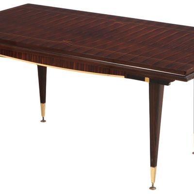 FRENCH EBONY MACASSAR INLAID DINING TABLE HAVING PULL OUT ENDS TO SUPPORT LEAVES ( NOT PRESENT) C