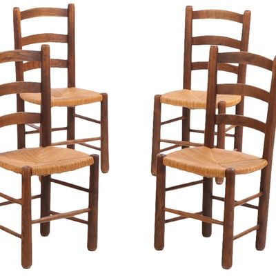 Sale Photo Thumbnail #312: SIX FRENCH ELM AND RUSH DINING CHAIRS IN THE MANNER OF CHARLOTTE PERRIAND C 1950.